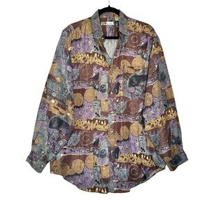 VTG 80s Silk Mens Abstract Geometric Long Sleeve Button-Up Shirt
